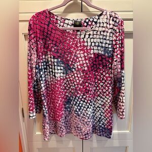 JM Collection Pink Navy White Patterned Long Sleeve Top